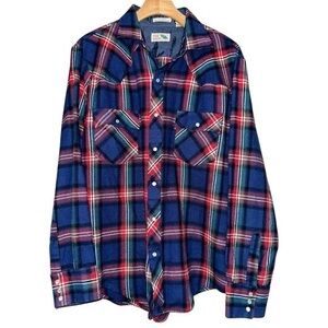Pine Grove Vintage L Blue Red Green Plaid Western Pearl Snap Button Down Shirt